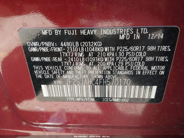 Продаж на аукціоні авто 2015 Subaru Forester 2.5i Limited, vin: JF2SJAHC4FH570170, номер лоту: 45043901