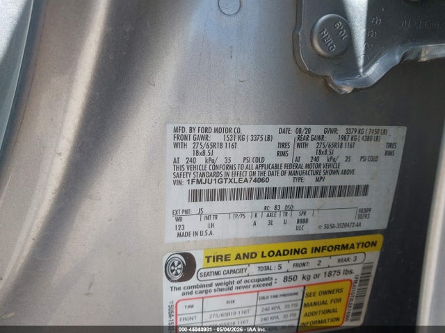 2020 Ford Expedition Xl მანქანა იყიდება აუქციონზე, vin: 1FMJU1GTXLEA74060, აუქციონის ნომერი: 45043931