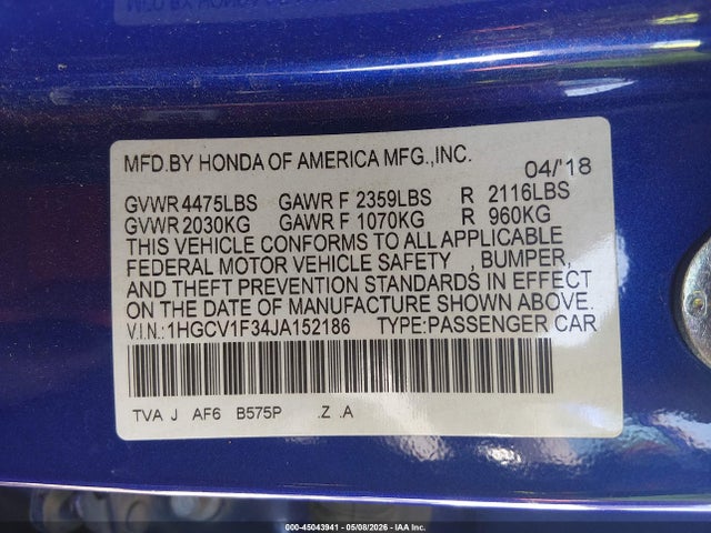 Продаж на аукціоні авто 2018 Honda Accord Sport, vin: 1HGCV1F34JA152186, номер лоту: 45043941
