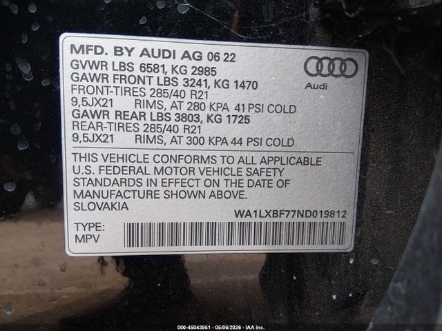Продажа на аукционе авто 2022 Audi Q7 Premium Plus 55 Tfsi Quattro Tiptronic, vin: WA1LXBF77ND019812, номер лота: 45043951