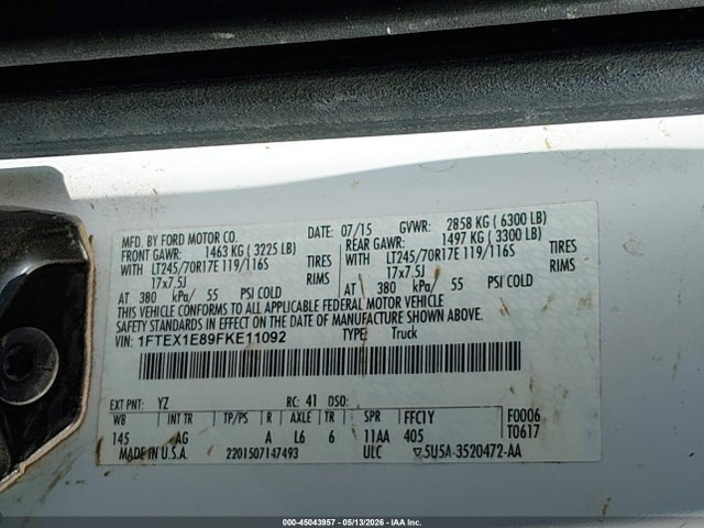 45043957 :رقم المزاد ، 1FTEX1E89FKE11092 vin ، 2015 Ford F-150 Xl مزاد بيع