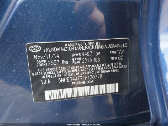 45043963 :رقم المزاد ، 5NPE34AF7FH130778 vin ، 2015 Hyundai Sonata Sport مزاد بيع