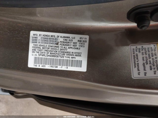 45043969 :رقم المزاد ، 5FNRL5H60BB087522 vin ، 2011 Honda Odyssey Ex-l مزاد بيع