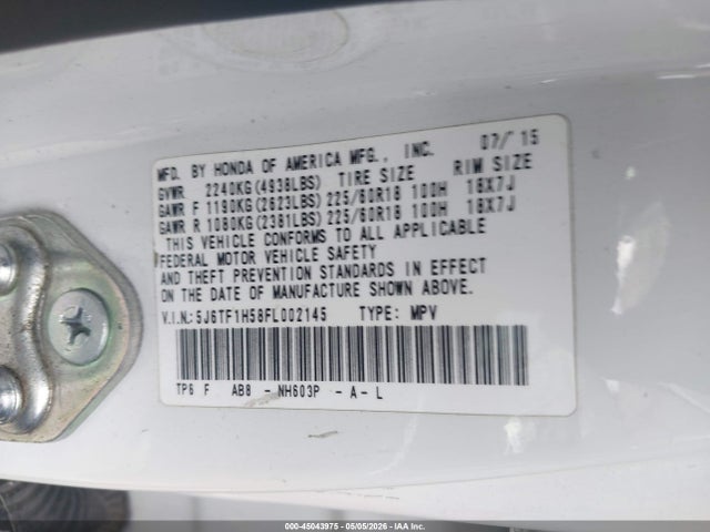 45043975 :رقم المزاد ، 5J6TF1H58FL002145 vin ، 2015 Honda Crosstour Ex-l V6 مزاد بيع