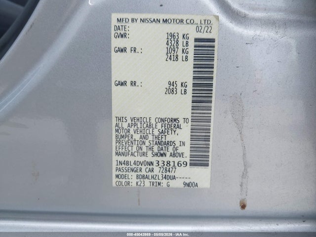 Aukcja sprzedaży 2022 Nissan Altima Sv Fwd, vin: 1N4BL4DV0NN338169, numer aukcji: 45043989
