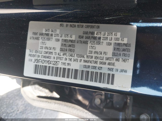 2021 Mazda Cx-5 Touring მანქანა იყიდება აუქციონზე, vin: JM3KFACM1M0412257, აუქციონის ნომერი: 45043992