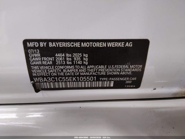 2014 Bmw 328i მანქანა იყიდება აუქციონზე, vin: WBA3C1C55EK105501, აუქციონის ნომერი: 45043995