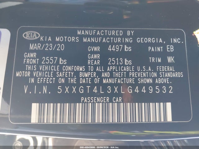 2020 Kia Optima Se მანქანა იყიდება აუქციონზე, vin: 5XXGT4L3XLG449532, აუქციონის ნომერი: 45043999