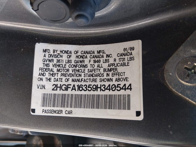 Aukcja sprzedaży 2009 Honda Civic Vp, vin: 2HGFA16359H340544, numer aukcji: 45044001