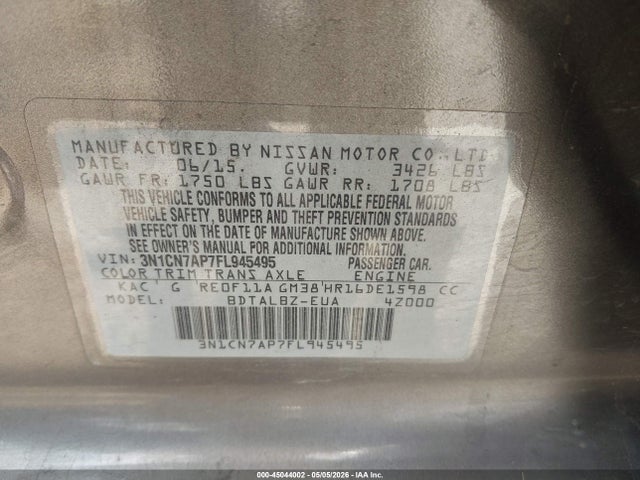 2015 Nissan Versa 1.6 Sv მანქანა იყიდება აუქციონზე, vin: 3N1CN7AP7FL945495, აუქციონის ნომერი: 45044002