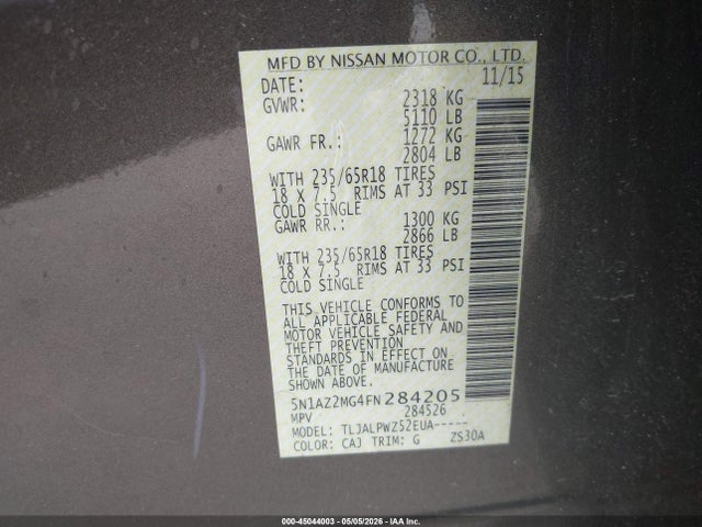 Aukcja sprzedaży 2015 Nissan Murano S, vin: 5N1AZ2MG4FN284205, numer aukcji: 45044003