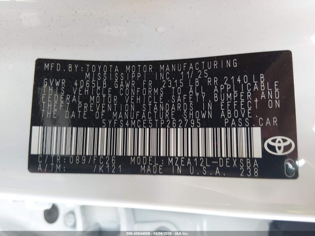 Продажа на аукционе авто 2026 Toyota Corolla Se, vin: 5YFS4MCE5TP262795, номер лота: 45044006