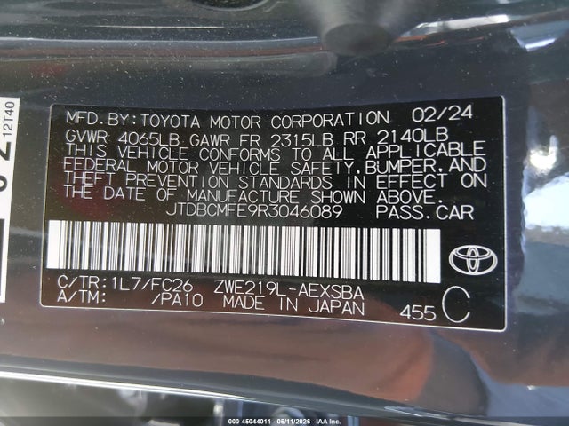 Aukcja sprzedaży 2024 Toyota Corolla Hybrid Se, vin: JTDBCMFE9R3046089, numer aukcji: 45044011