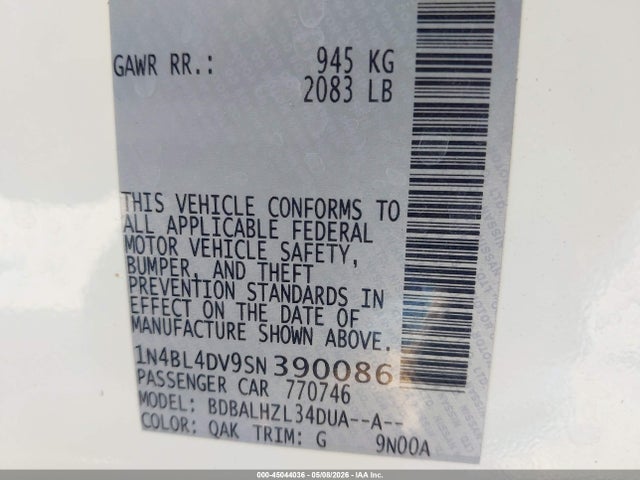 1N4BL4DV9SN390086 Nissan Altima Sv Fwd