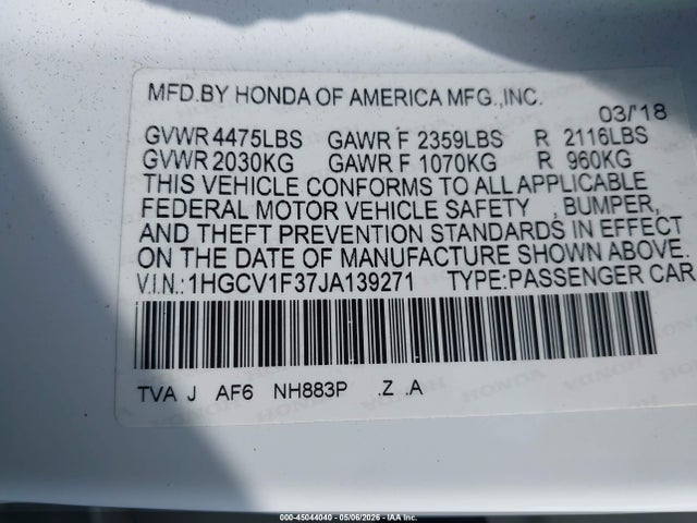 45044040 :رقم المزاد ، 1HGCV1F37JA139271 vin ، 2018 Honda Accord Sport مزاد بيع