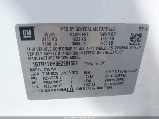 45044048 :رقم المزاد ، 1GTR1TEH6EZ281602 vin ، 2014 Gmc Sierra 1500 مزاد بيع