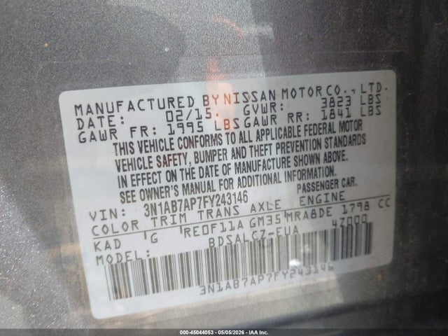 2015 Nissan Sentra S მანქანა იყიდება აუქციონზე, vin: 3N1AB7AP7FY243146, აუქციონის ნომერი: 45044053