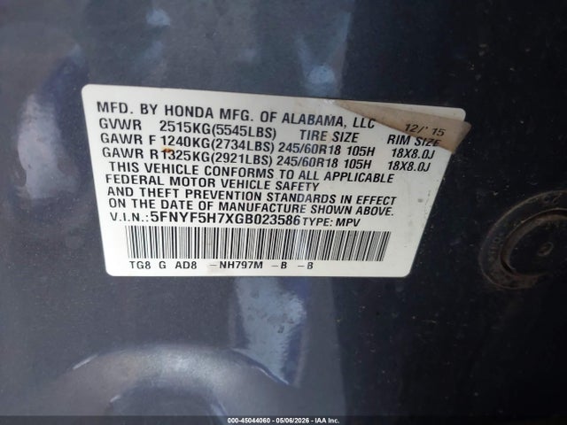 5FNYF5H7XGB023586 Honda Pilot Ex-l