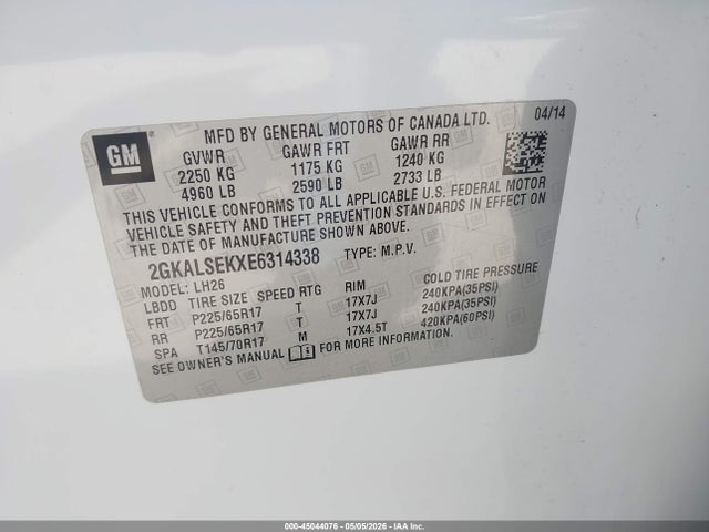 Aukcja sprzedaży 2014 Gmc Terrain Slt-1, vin: 2GKALSEKXE6314338, numer aukcji: 45044076