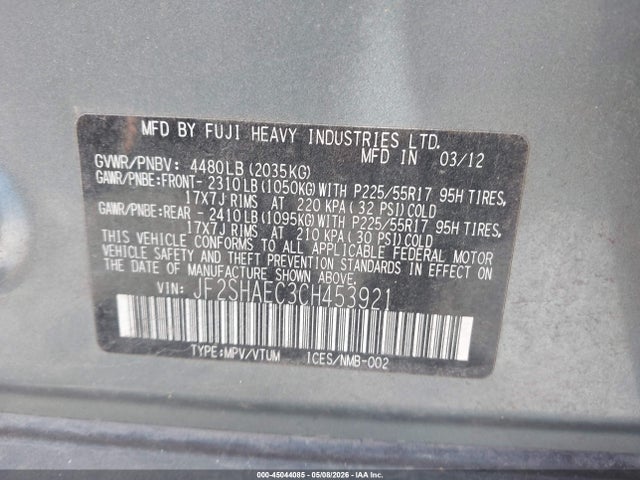Продажа на аукционе авто 2012 Subaru Forester 2.5x Limited, vin: JF2SHAEC3CH453921, номер лота: 45044085
