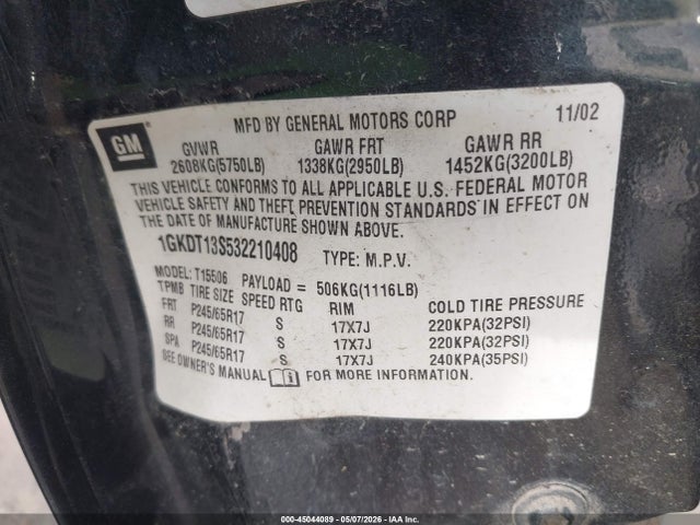 Продаж на аукціоні авто 2003 Gmc Envoy Sle, vin: 1GKDT13S532210408, номер лоту: 45044089