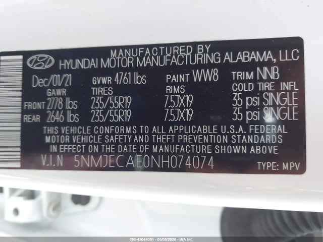 45044091 :رقم المزاد ، 5NMJECAE0NH074074 vin ، 2022 Hyundai Tucson Limited مزاد بيع