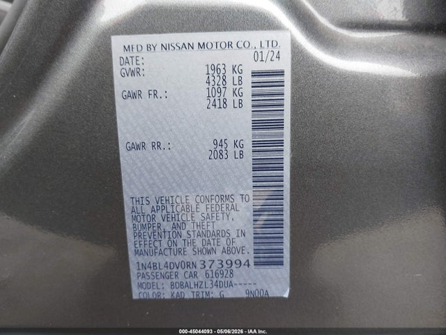 1N4BL4DV0RN373994 Nissan Altima Sv Fwd