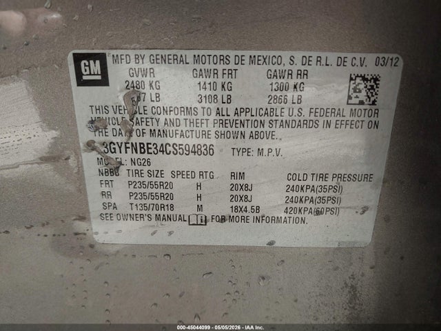 45044099 :رقم المزاد ، 3GYFNBE34CS594836 vin ، 2012 Cadillac Srx Performance Collection مزاد بيع