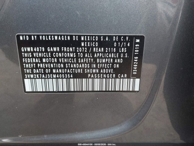 45044100 :رقم المزاد ، 3VW2K7AJ3EM405354 vin ، 2014 Volkswagen Jetta 2.0l S مزاد بيع