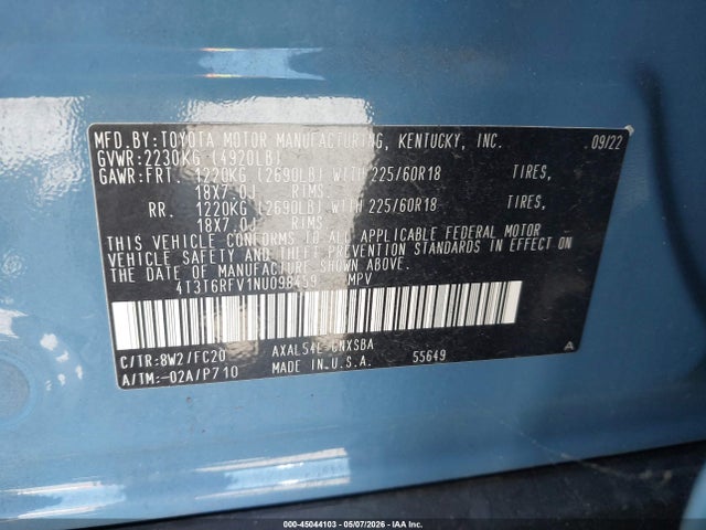 2022 Toyota Rav4 Hybrid Se მანქანა იყიდება აუქციონზე, vin: 4T3T6RFV1NU098459, აუქციონის ნომერი: 45044103