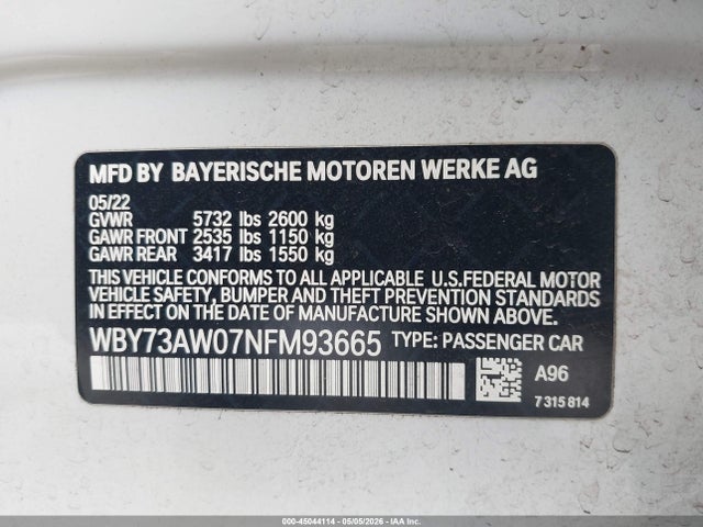 Aukcja sprzedaży 2022 Bmw I4 Edrive40, vin: WBY73AW07NFM93665, numer aukcji: 45044114