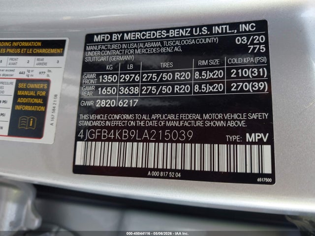 Aukcja sprzedaży 2020 Mercedes-benz Gle 350 4matic, vin: 4JGFB4KB9LA215039, numer aukcji: 45044116