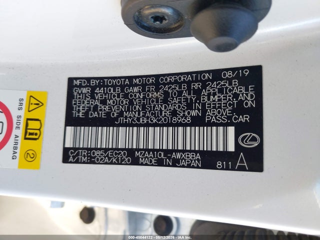 45044122 :رقم المزاد ، JTHY3JBH3K2018968 vin ، 2019 Lexus Ux 200 مزاد بيع