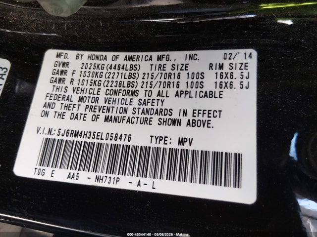 45044140 :رقم المزاد ، 5J6RM4H35EL058476 vin ، 2014 Honda Cr-v Lx مزاد بيع