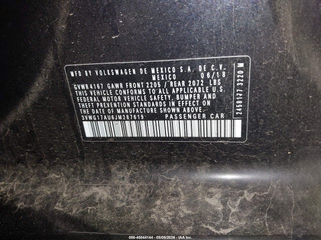 45044144 :رقم المزاد ، 3VWG17AU6JM287619 vin ، 2018 Volkswagen Golf مزاد بيع
