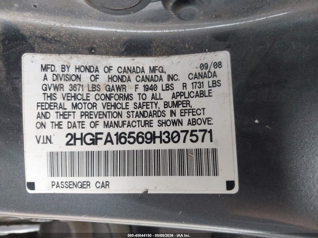45044150 :رقم المزاد ، 2HGFA16569H307571 vin ، 2009 Honda Civic Lx مزاد بيع