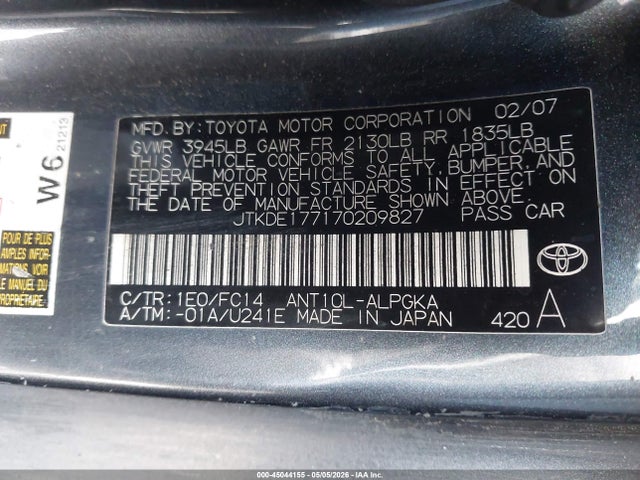 2007 Scion Tc მანქანა იყიდება აუქციონზე, vin: JTKDE177170209827, აუქციონის ნომერი: 45044155