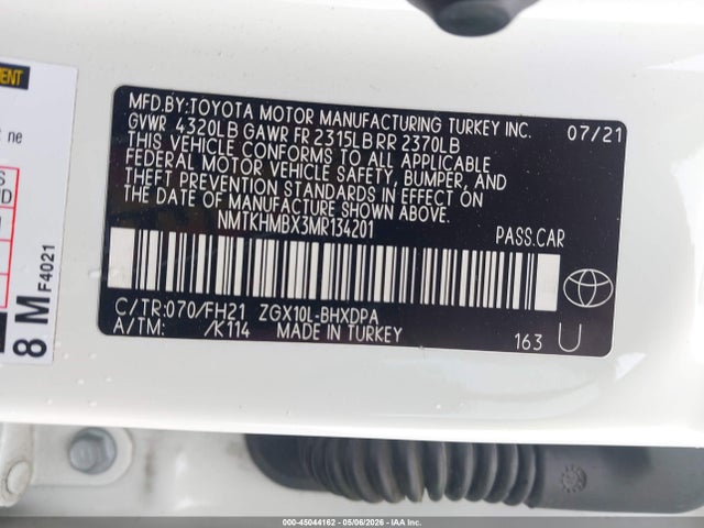 2021 Toyota C-hr Le მანქანა იყიდება აუქციონზე, vin: NMTKHMBX3MR134201, აუქციონის ნომერი: 45044162