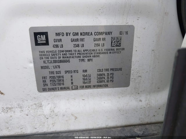Продаж на аукціоні авто 2016 Chevrolet Trax Lt, vin: KL7CJLSBXGB666045, номер лоту: 45044165