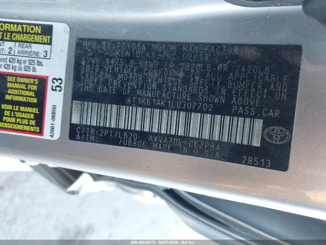 Auction sale of the 2020 Toyota Camry Xse, vin: 4T1K61AK1LU307702, lot number: 45044173