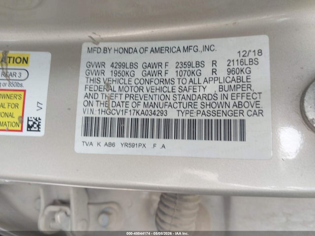 Продажа на аукционе авто 2019 Honda Accord Lx, vin: 1HGCV1F17KA034293, номер лота: 45044174