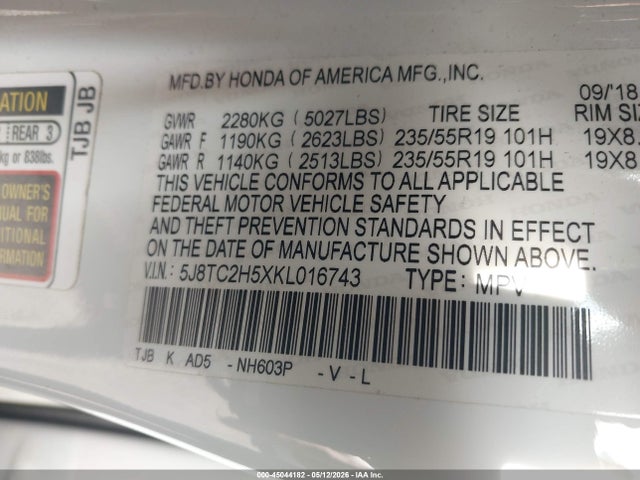 Aukcja sprzedaży 2019 Acura Rdx Technology Package, vin: 5J8TC2H5XKL016743, numer aukcji: 45044182