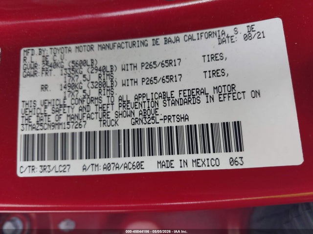 45044186 :رقم المزاد ، 3TMAZ5CN9MM157267 vin ، 2021 Toyota Tacoma 2wd Trd Sport مزاد بيع