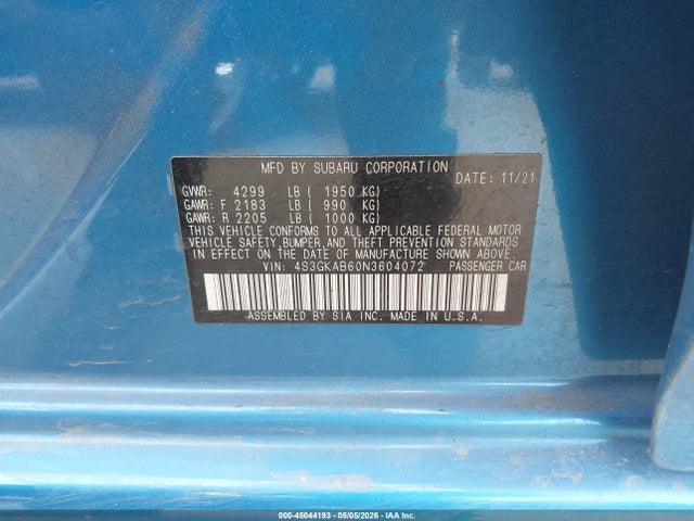 Aukcja sprzedaży 2022 Subaru Impreza Base, vin: 4S3GKAB60N3604072, numer aukcji: 45044193