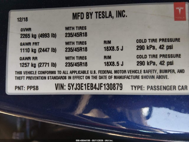 Aukcja sprzedaży 2018 Tesla Model 3 Long Range/performance, vin: 5YJ3E1EB4JF130879, numer aukcji: 45044199