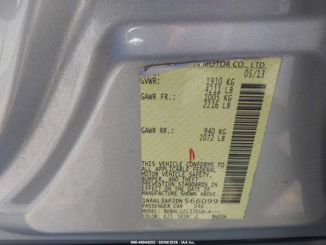 2013 Nissan Altima 2.5 Sv მანქანა იყიდება აუქციონზე, vin: 1N4AL3AP2DN566099, აუქციონის ნომერი: 45044202