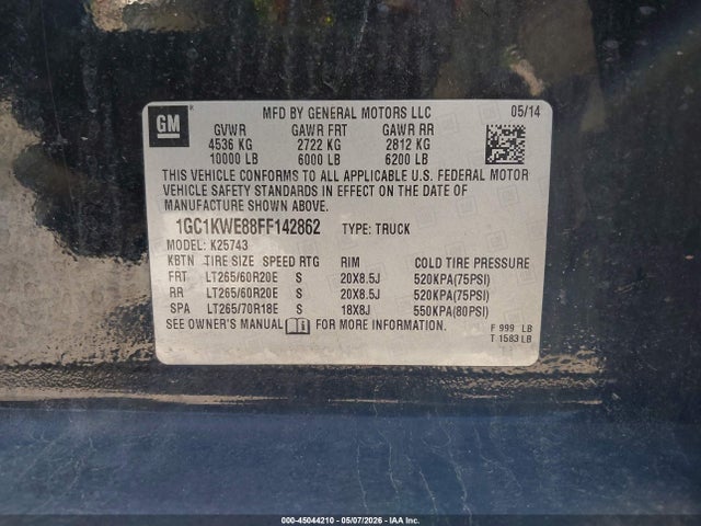 45044210 :رقم المزاد ، 1GC1KWE88FF142862 vin ، 2015 Chevrolet Silverado 2500hd Ltz مزاد بيع