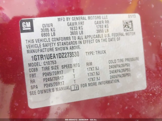 45044212 :رقم المزاد ، 1GTR1UEA1DZ273530 vin ، 2013 Gmc Sierra 1500 Sl مزاد بيع