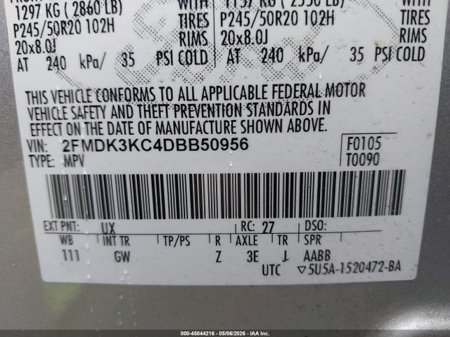 2013 Ford Edge Limited მანქანა იყიდება აუქციონზე, vin: 2FMDK3KC4DBB50956, აუქციონის ნომერი: 45044216