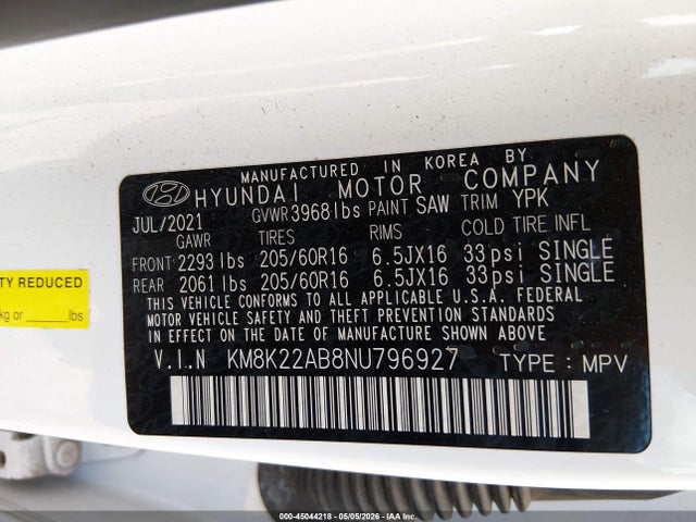 Продаж на аукціоні авто 2022 Hyundai Kona Se, vin: KM8K22AB8NU796927, номер лоту: 45044218